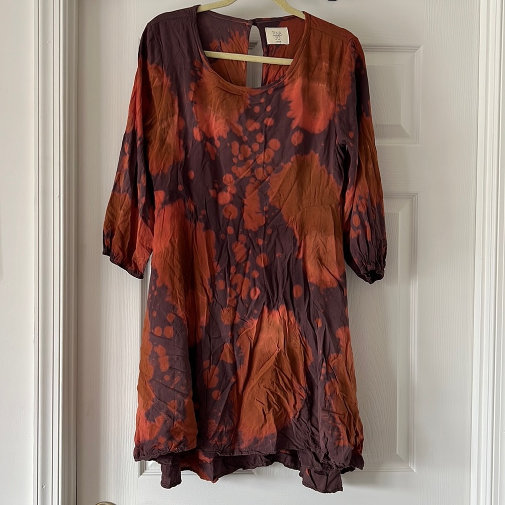 Tina Jo tan purple orange tie dyed flowy 3/4 sleeves tunic dress L
